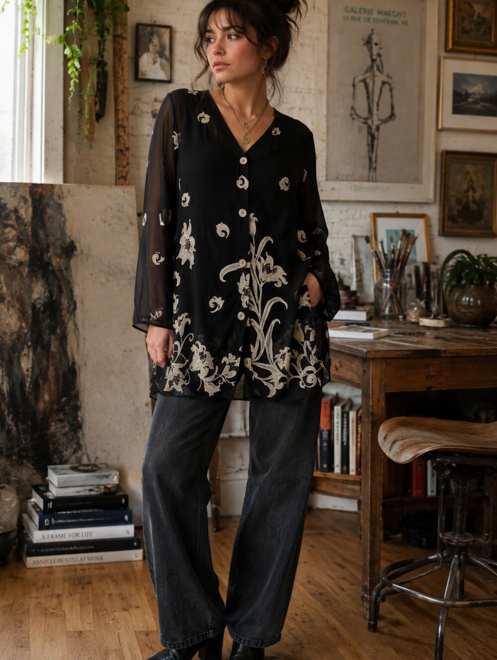 Vintage L’Amadei by D.P. Altomonte Tunic - Black/Beige Floral Embroidered L